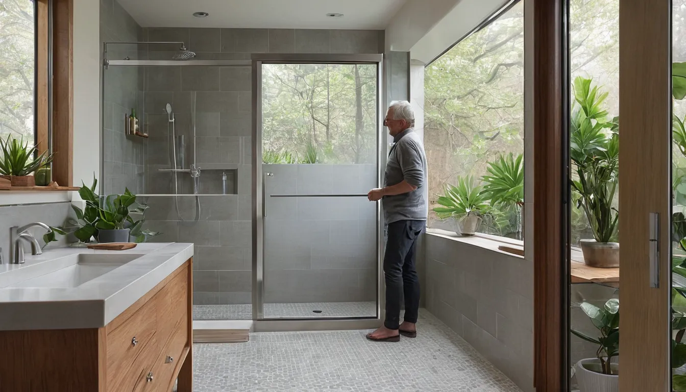 A bright, low-entry walk-in shower with a fixed glass panel in a Everett home